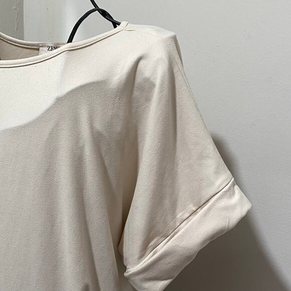 Zenana Cream Dress Size Large Short Sleeve Stretch Knit with Tie Back Belt - Picture 3 of 11